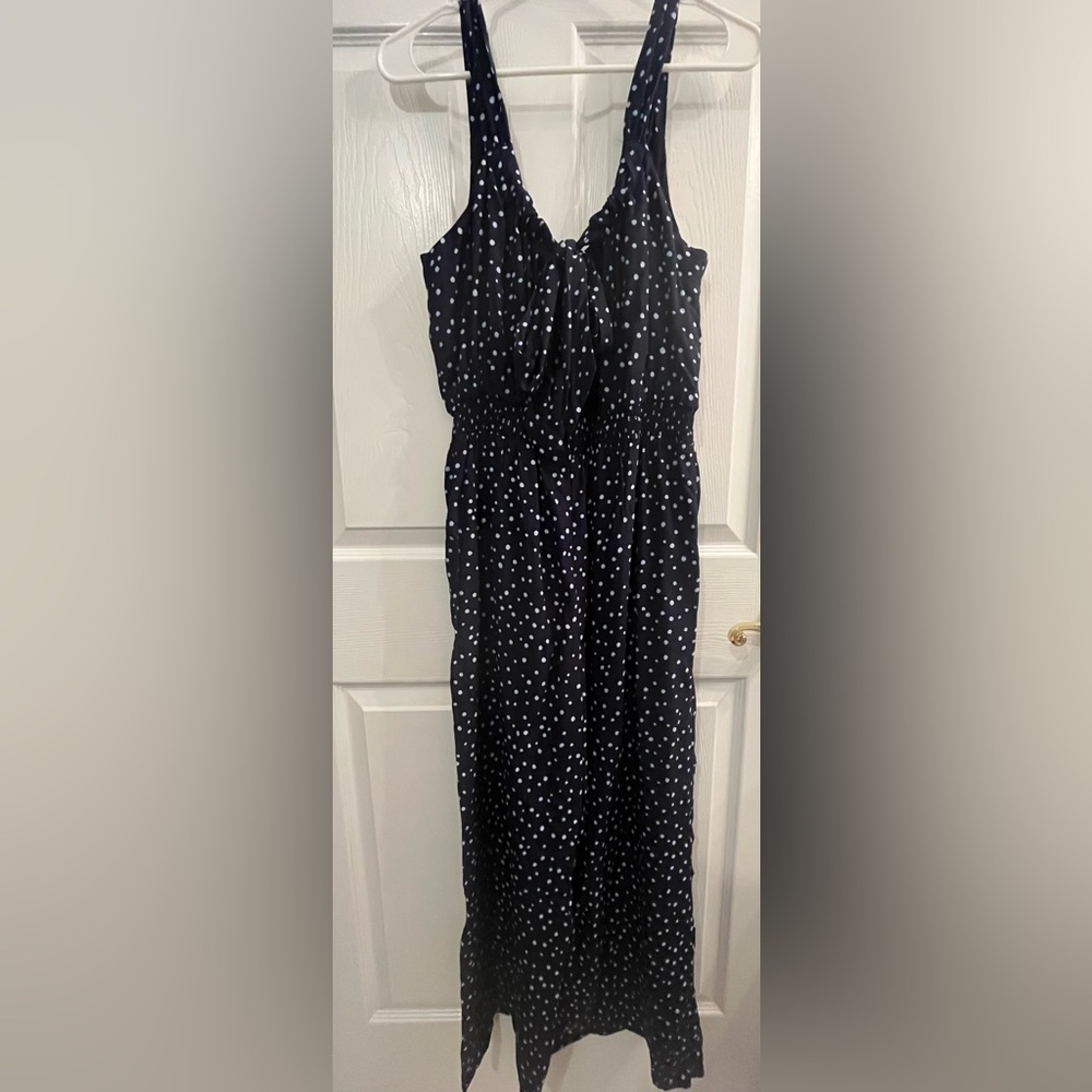 NWT Loft Navy Blue Polka Dot Smocked Wide Legs Jumpsuit with Pockets Size 2 - Picture 9 of 15